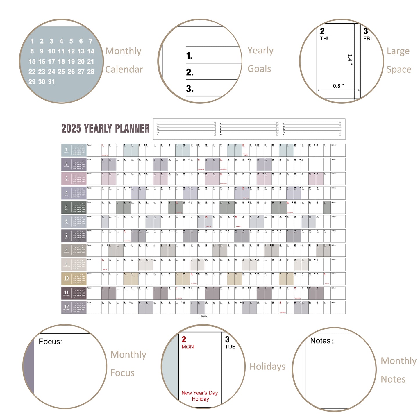 Yearly Wall Calendar with Holidays, Full Year Calendar One Page, Annual Year Wall Calendar with Stickers, Horizontal, 24"X 33" (Open), Paper Folded