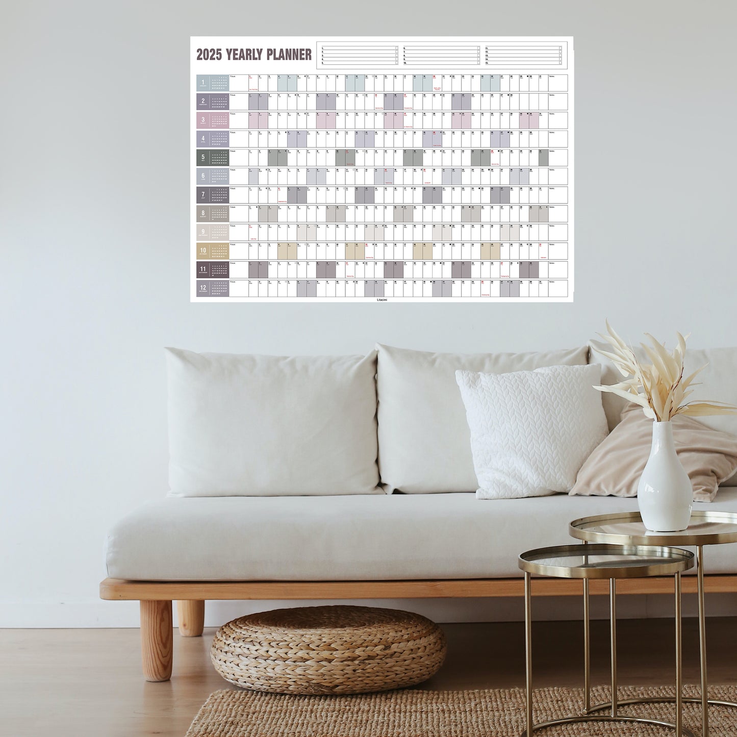 Yearly Wall Calendar with Holidays, Full Year Calendar One Page, Annual Year Wall Calendar with Stickers, Horizontal, 24"X 33" (Open), Paper Folded