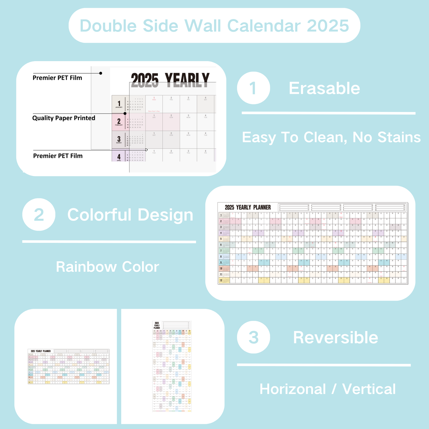 Yearly Wall Calendar 2025 Dry Erase Calendar for Wall, Large Reversible Erasable Laminated Full Year Wall Calendar One Page, Horizontal/Vertical, 17"X 40" (Open), Rolled in Tube