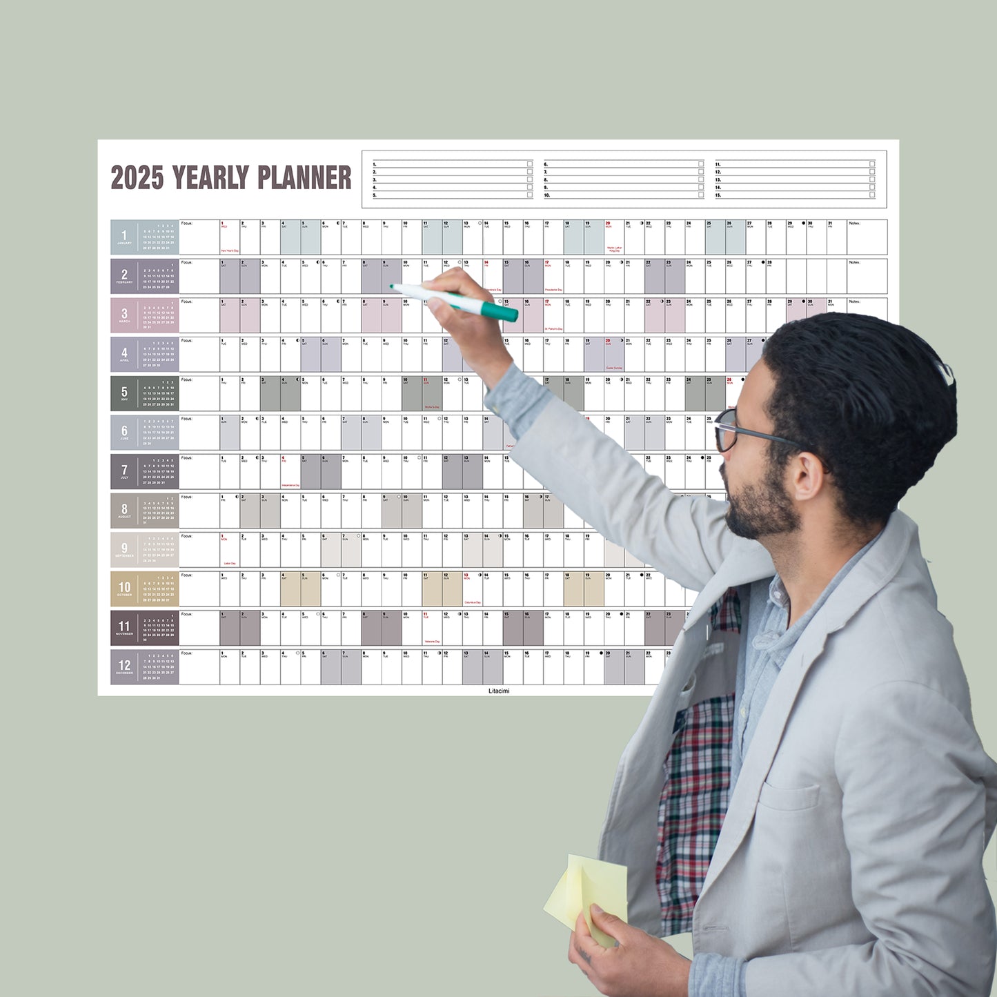 Yearly Wall Calendar with Holidays, Full Year Calendar One Page, Annual Year Wall Calendar with Stickers, Horizontal, 24"X 33" (Open), Paper Folded