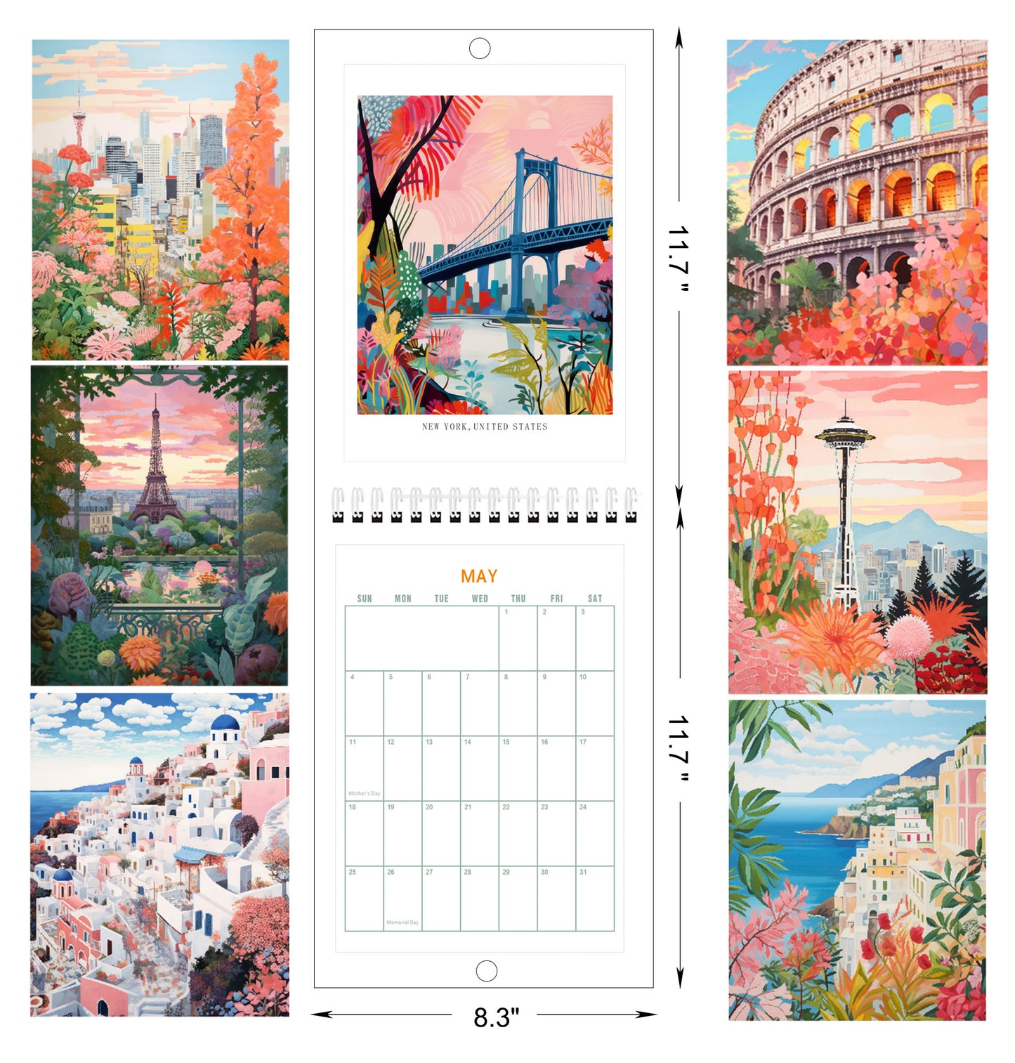 Wall Calendar 2025 World Travel Monthly Wall Calendar 12 Month Hanging Wall Planner，8.3" X 11.7 ", Thick Paper, Illustrated